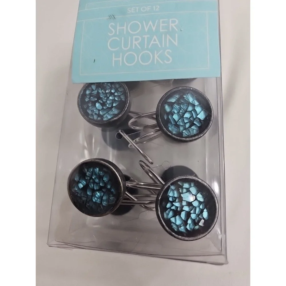 NEW -  Silver/Black and W/Turquoise Colored Broken Glass Appearance Shower Hooks